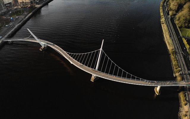 Aerial view of the Peace Bridge crossing the River Foyle in Derry
